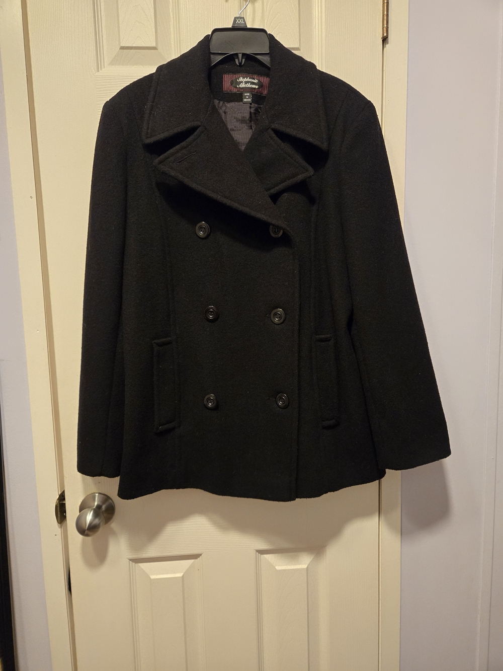 Wool Blend Black Peacoat - Ladies Double-Breasted Jacket